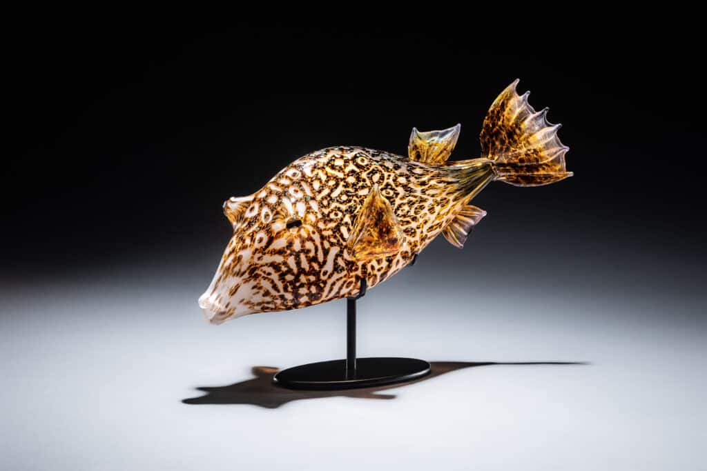 Scrawled Cow Fish }  Hot sculpted & assembled glass, skin etched into surface    12.5 x 7 x 18.5 inches